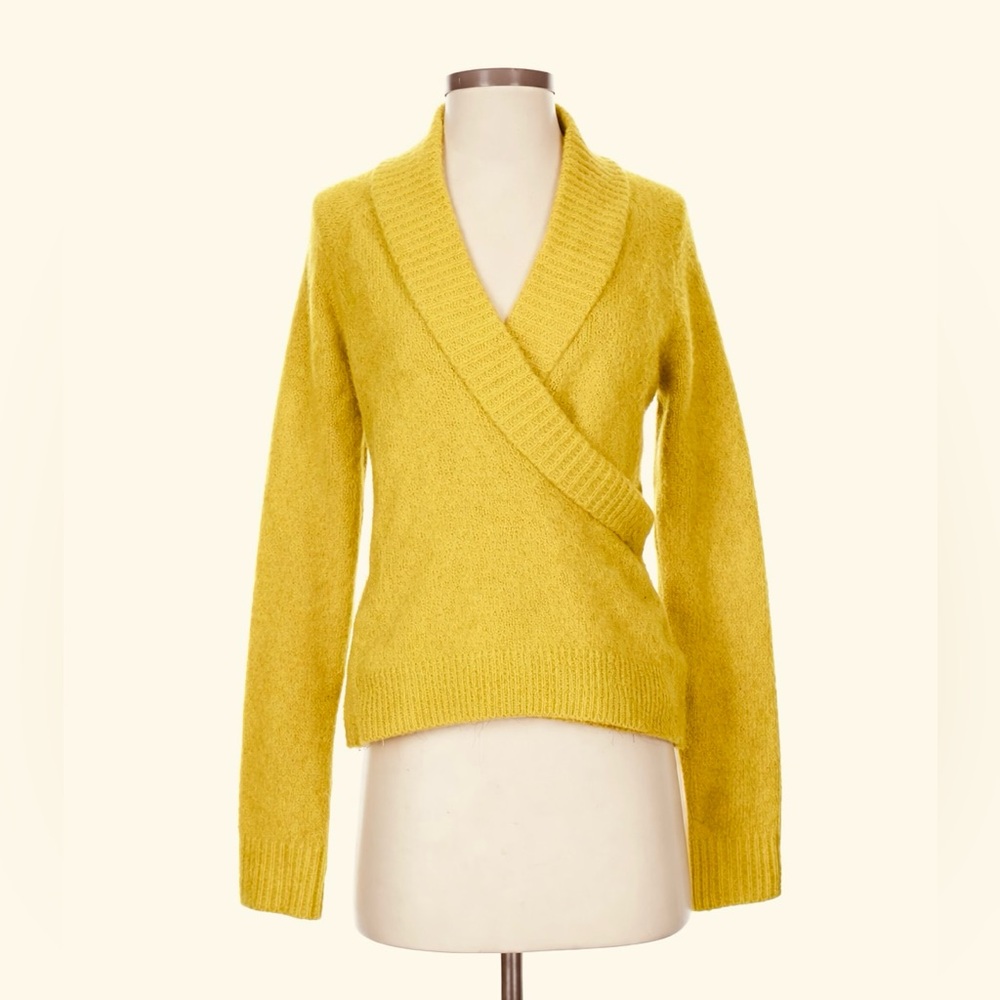 Ett:Twa by Anthropologie Tessa Faux Wrap Sweater Chartreuse Yellow Size M NWT